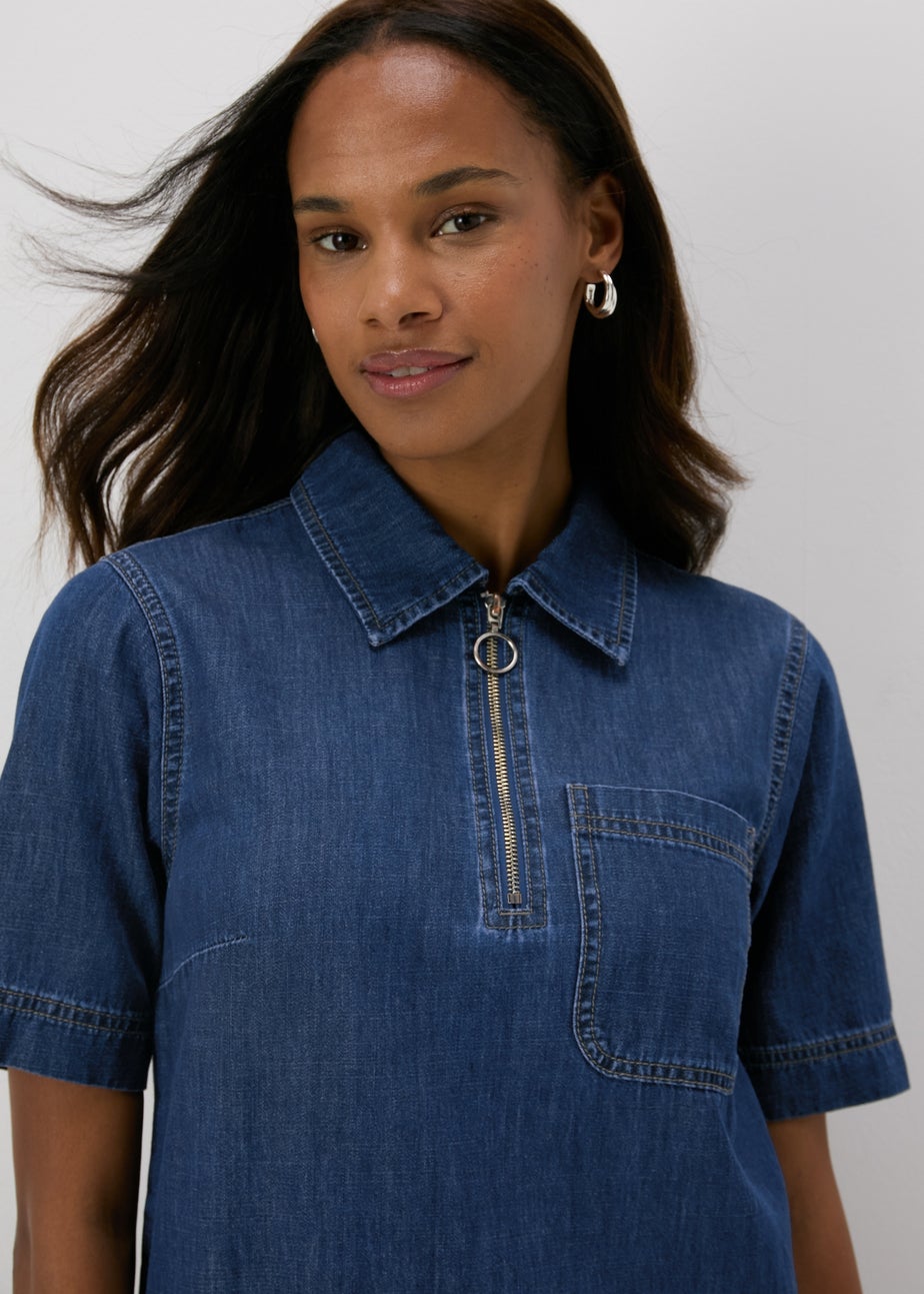 Dark Wash Denim Zip Front Mini Dress