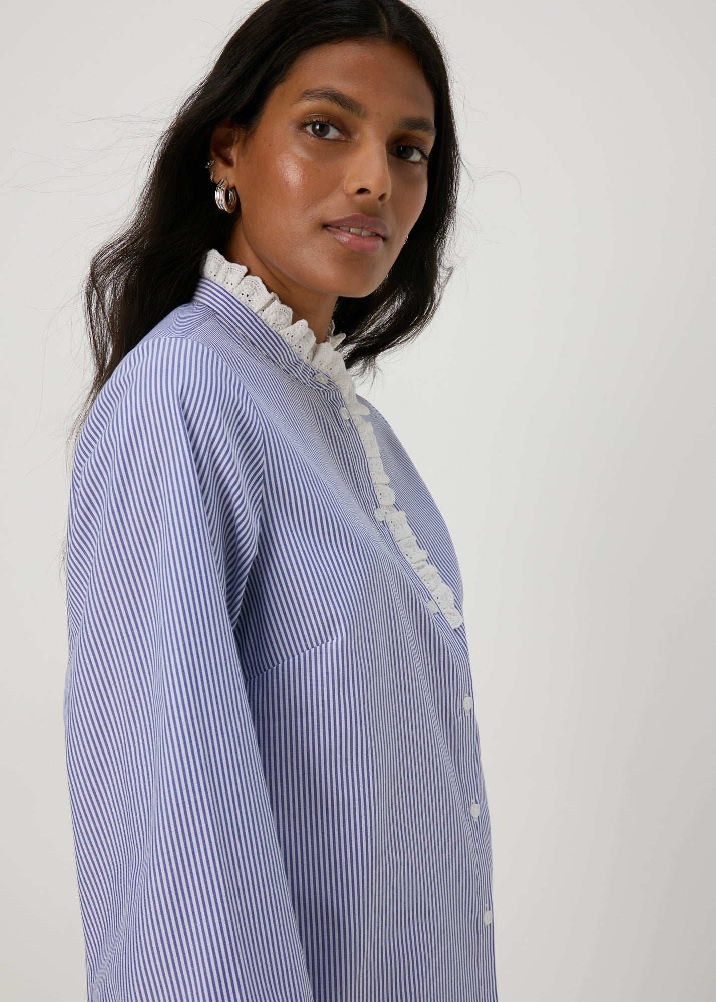 Blue Stripe Frill Neck Shirt - Matalan
