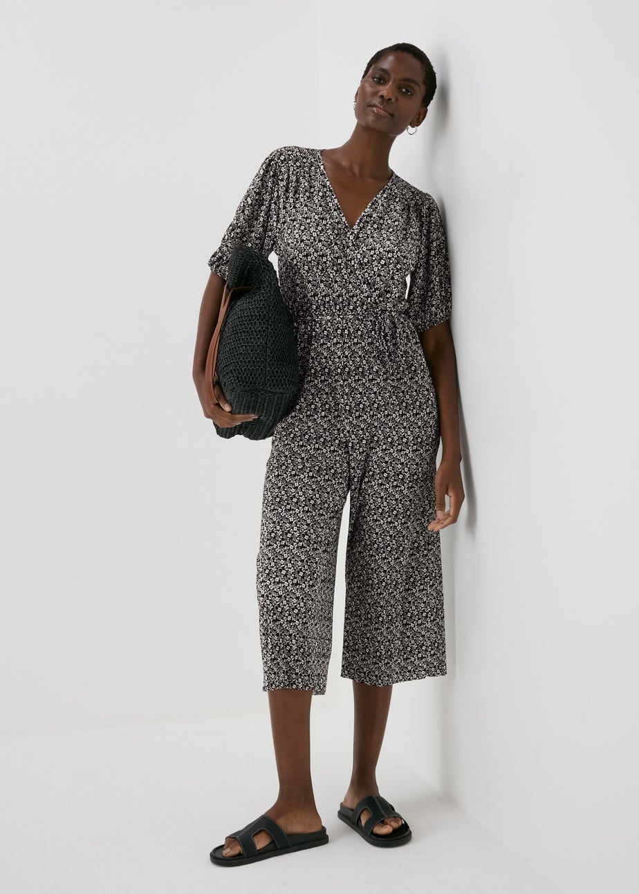 Black Mono Floral Plisse Jumpsuit