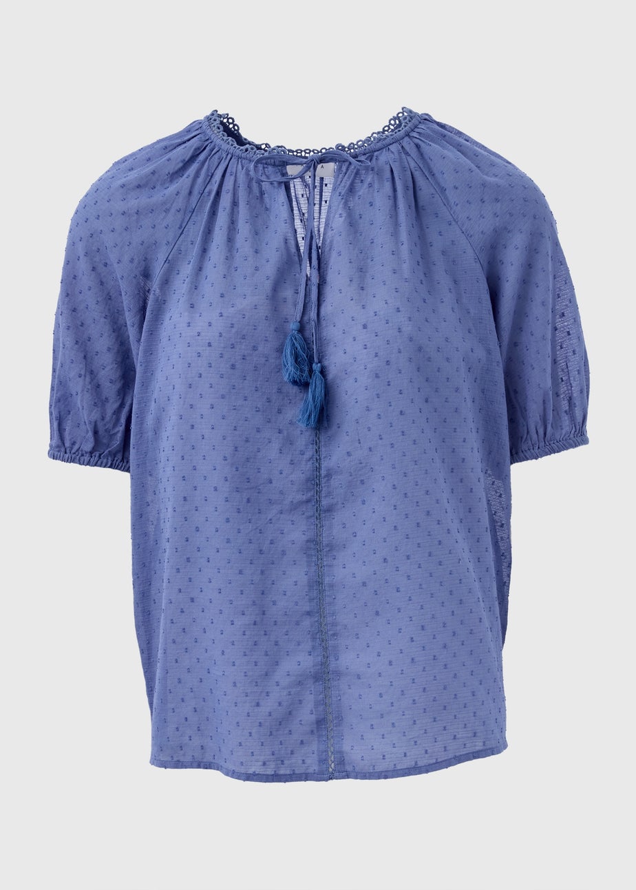 Blue Dobby Boho Tie Front Blouse