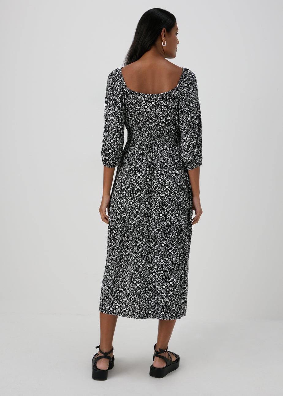 Black Ditsy Floral Shirred Midi Dress