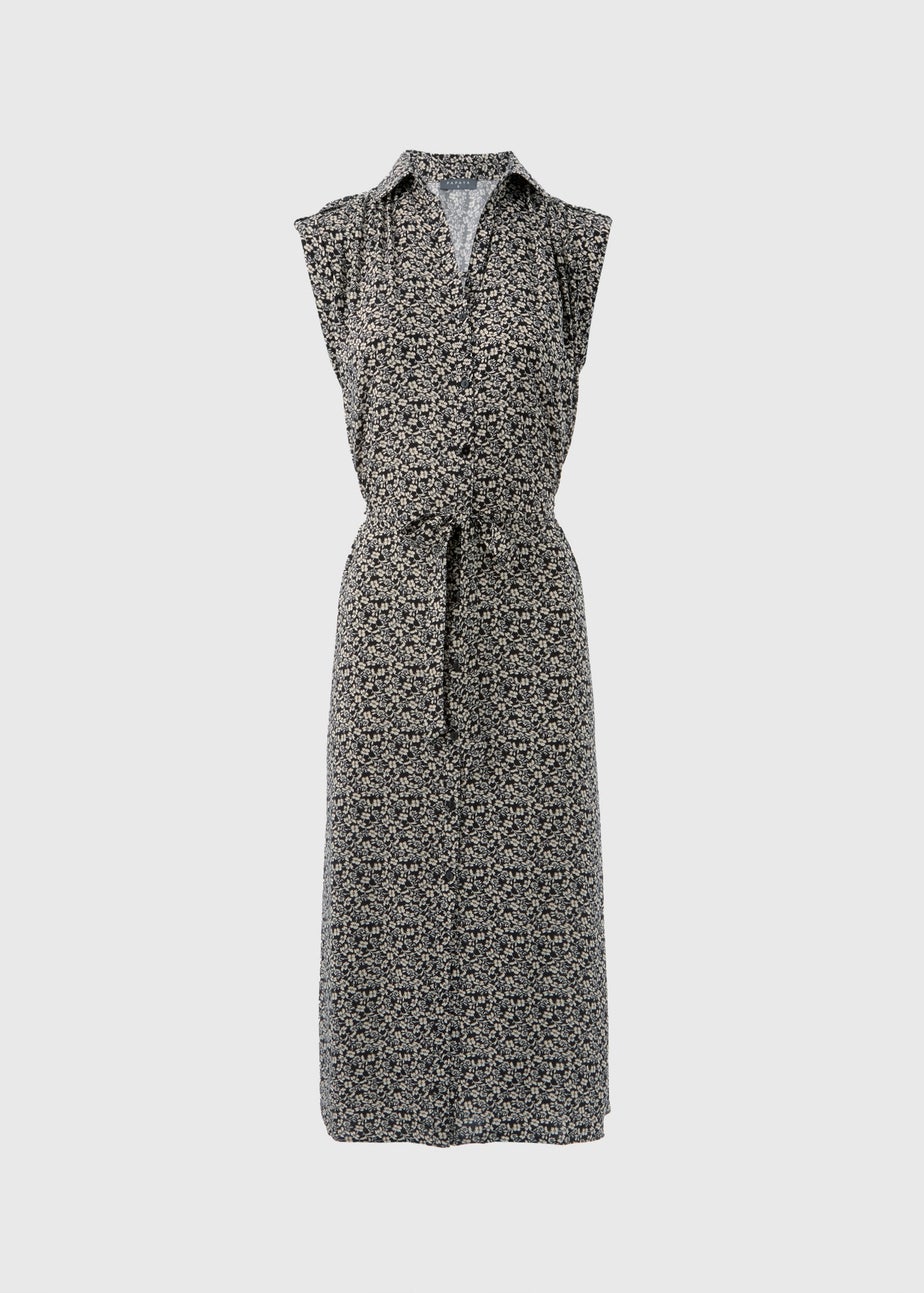 Black Floral Viscose Shirt Midi Dress