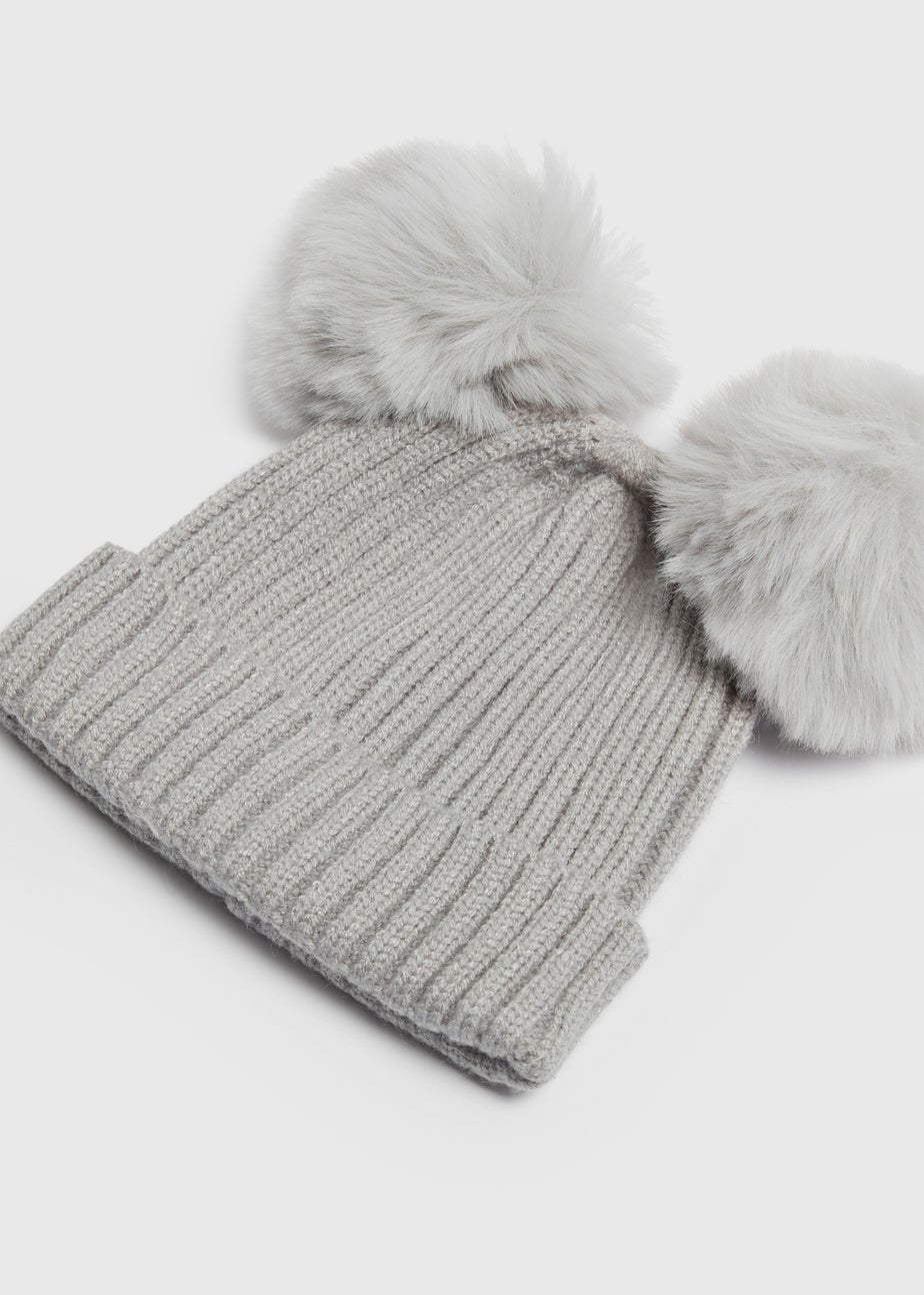 Baby Grey Double Pom Pom Beanie (Newborn-24mths)