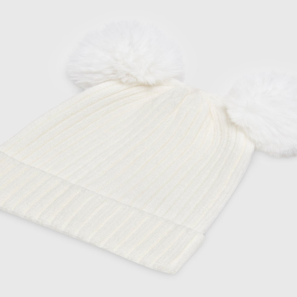 Baby Cream Double Pom Pom Beanie (Newborn-24mths)