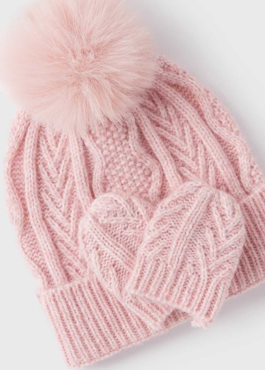 2 Pack Baby Pink Cable Hat & Mitt Gloves Set (Newborn-24mths)