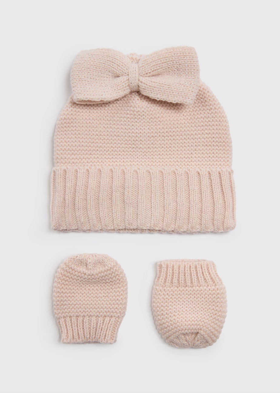 2 Pack Baby Pink Hat & Mitt Gloves Set (Newborn-23mths)
