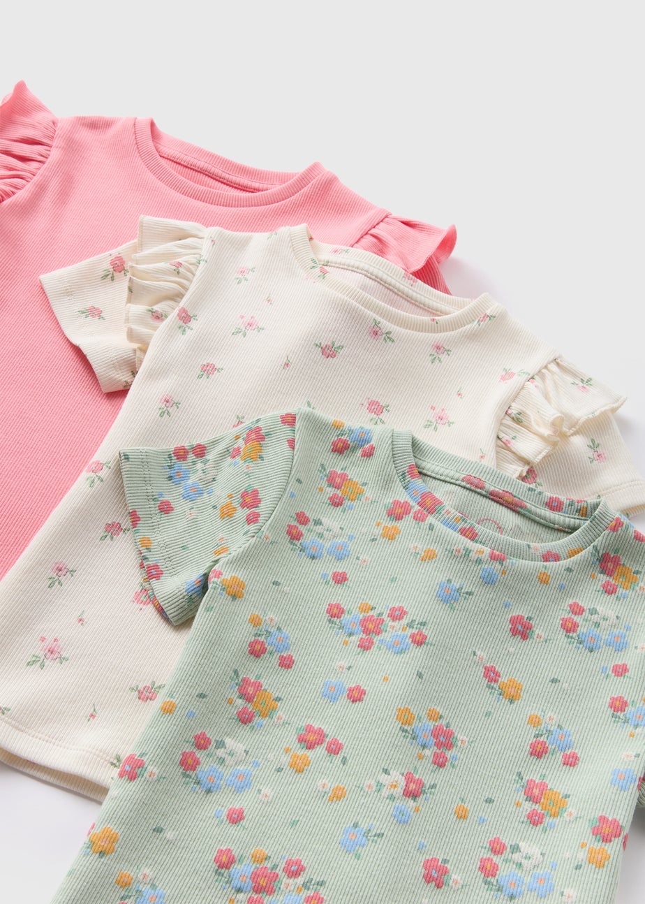 3 Pack Girls Pink Floral T-Shirts (1-7yrs)