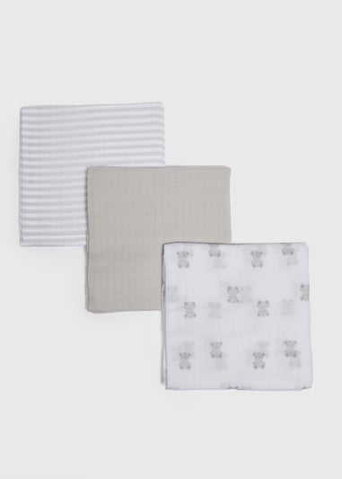 3 Pack Baby Grey Bear Muslin Cloths