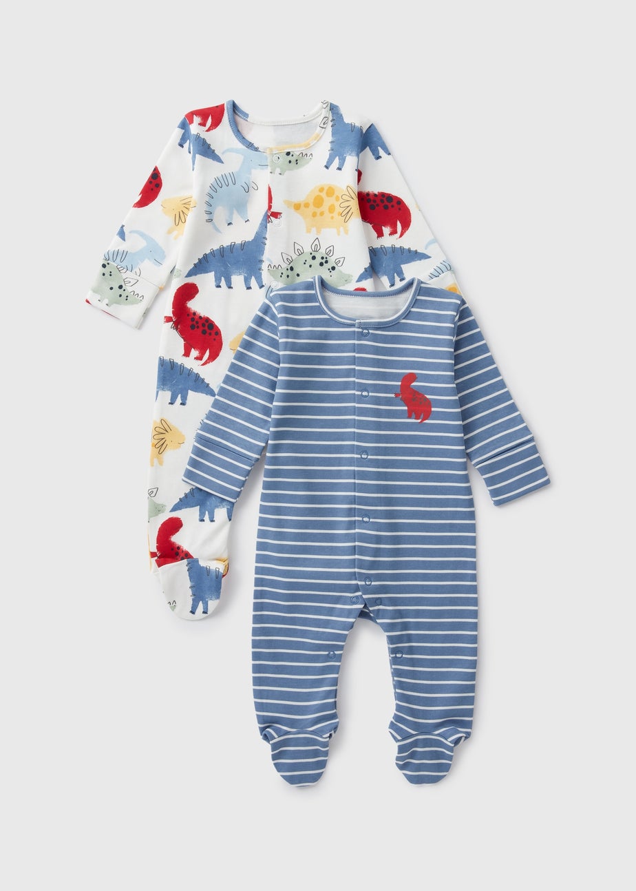 2 Pack Baby Blue Dinosaur Sleepsuits (Newborn-23mths)