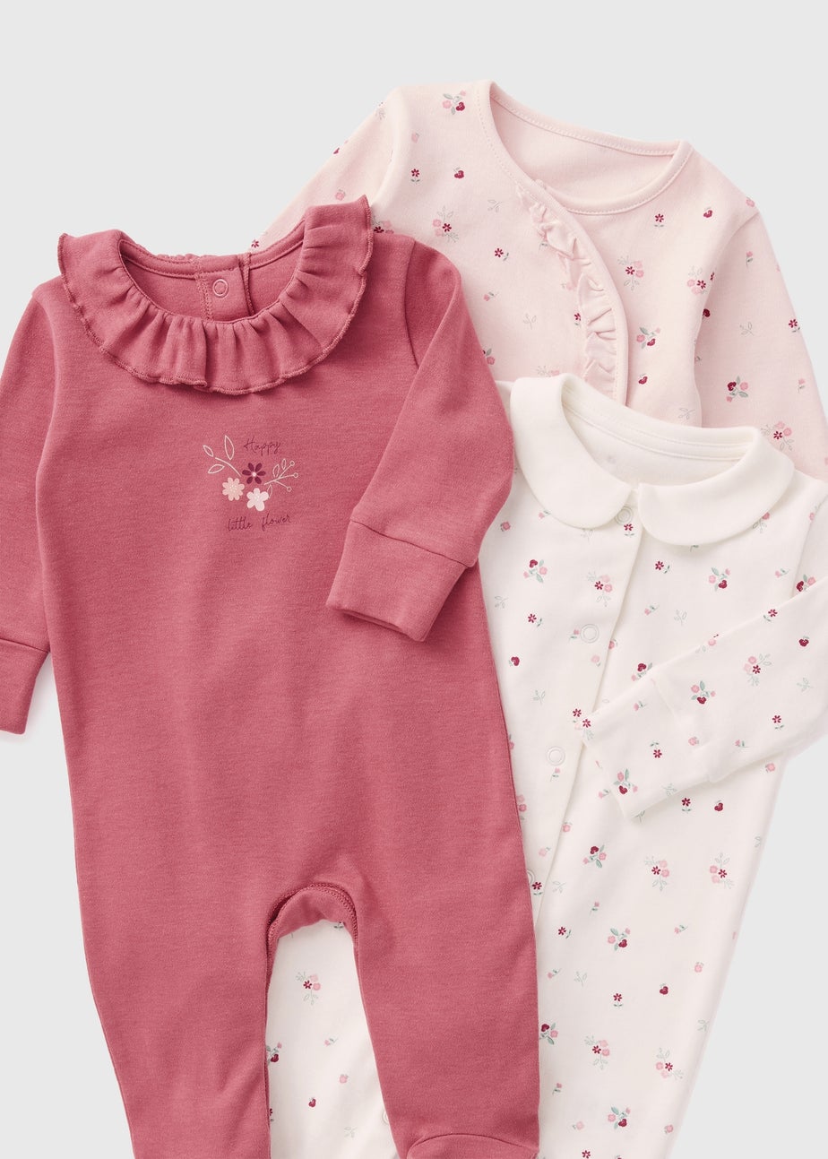 3 Pack Baby Pink Floral Sleepsuits (Newborn-18mths)