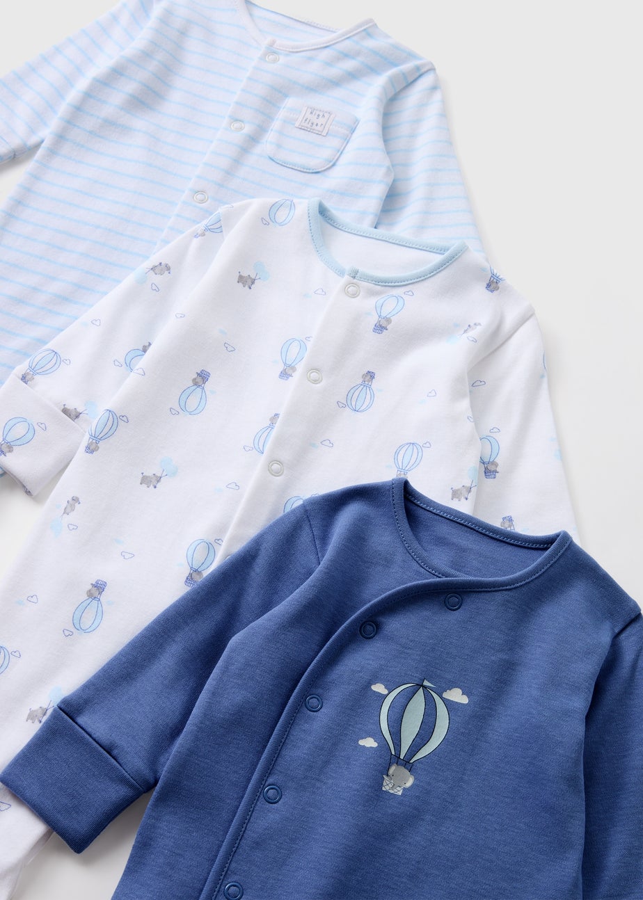 3 Pack Baby Blue Balloon Sleepsuits (Newborn-18mths)