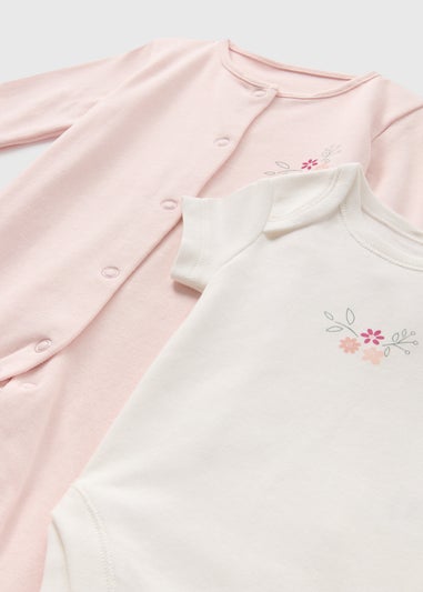5 Pack Baby Pink Flower Sleepsuit Set (Newborn-6mths)