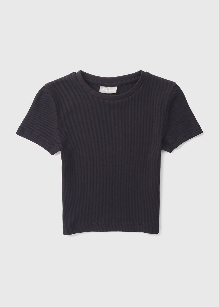 Girls Black Plain Ribbed Top (7-15yrs)