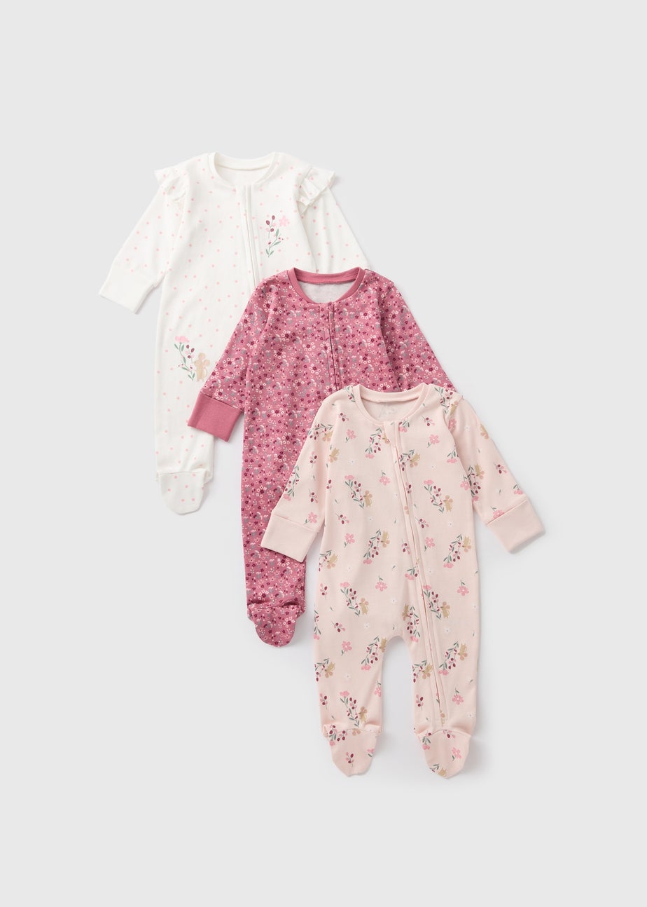3 Pack Girls Pink Floral Sleepsuits (Newborn-18mths)