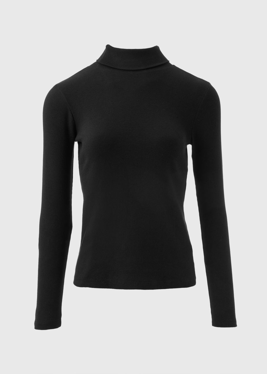 Black Ribbed Roll Neck Top