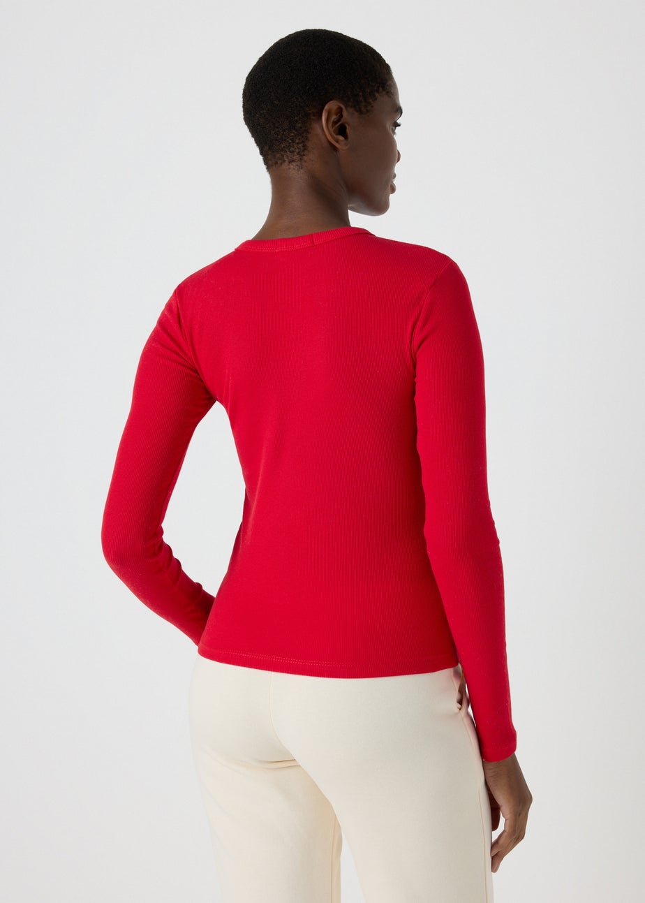 Red Ribbed Long Sleeve Top