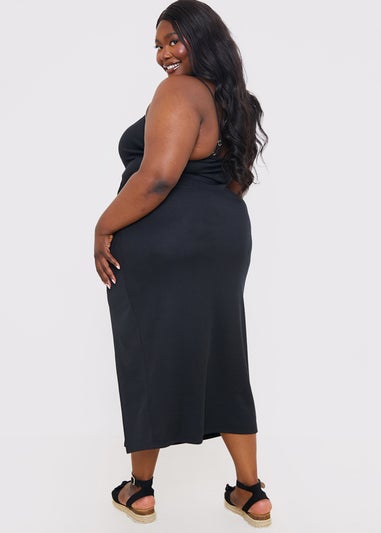 In The Style Black Ribbed Ruched Midi Dress