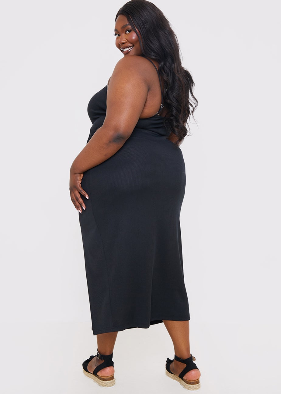 In The Style Black Ribbed Ruched Midi Dress