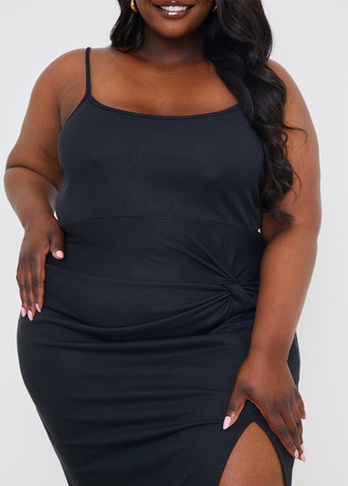 In The Style Black Ribbed Ruched Midi Dress