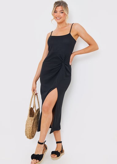 In The Style Black Ribbed Ruched Midi Dress