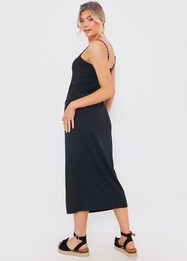In The Style Black Ribbed Ruched Midi Dress