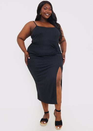 In The Style Black Ribbed Ruched Midi Dress