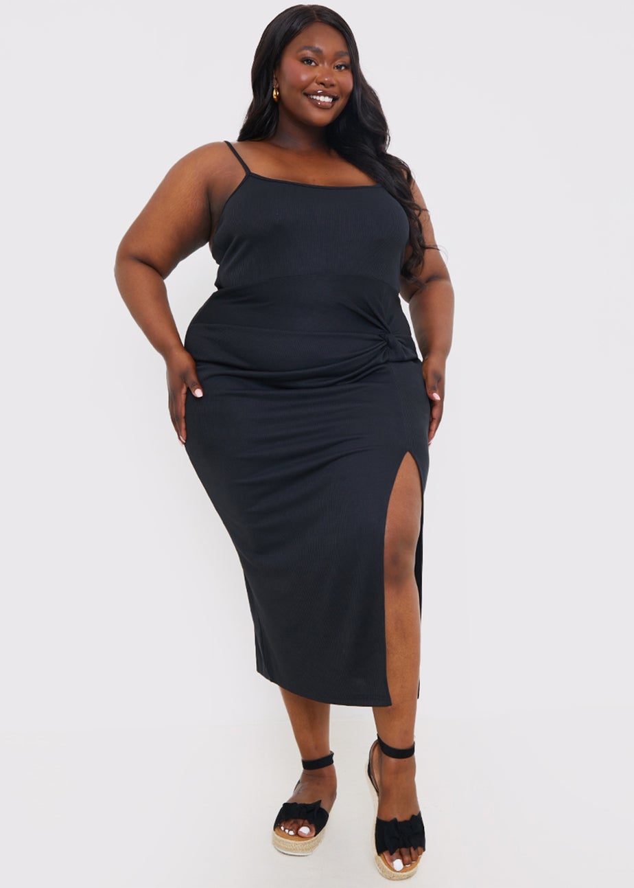In The Style Black Ribbed Ruched Midi Dress
