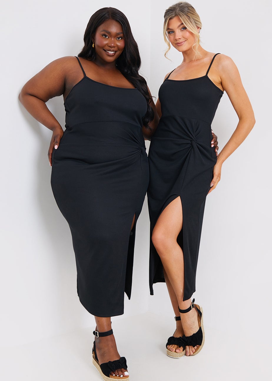 In The Style Black Ribbed Ruched Midi Dress