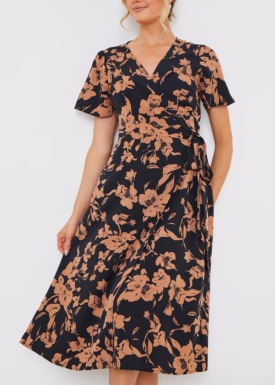 In The Style Black Floral Wrap Midi Dress