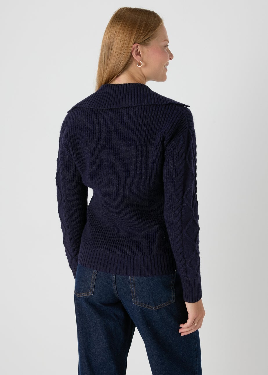 Navy Open Collar Cable Knit Jumper