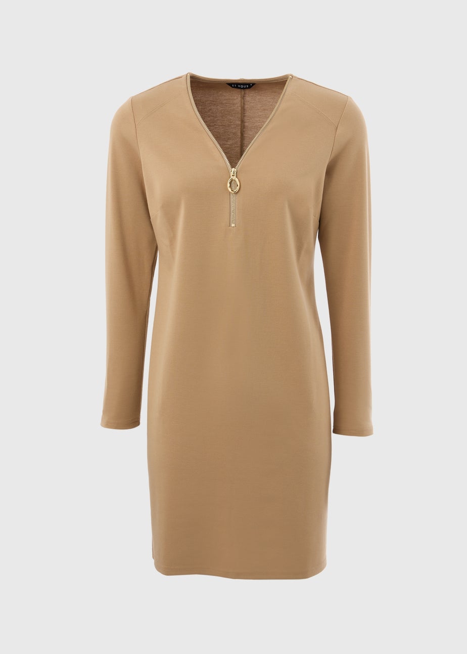 Et Vous Camel Knee Length Jersey Dress