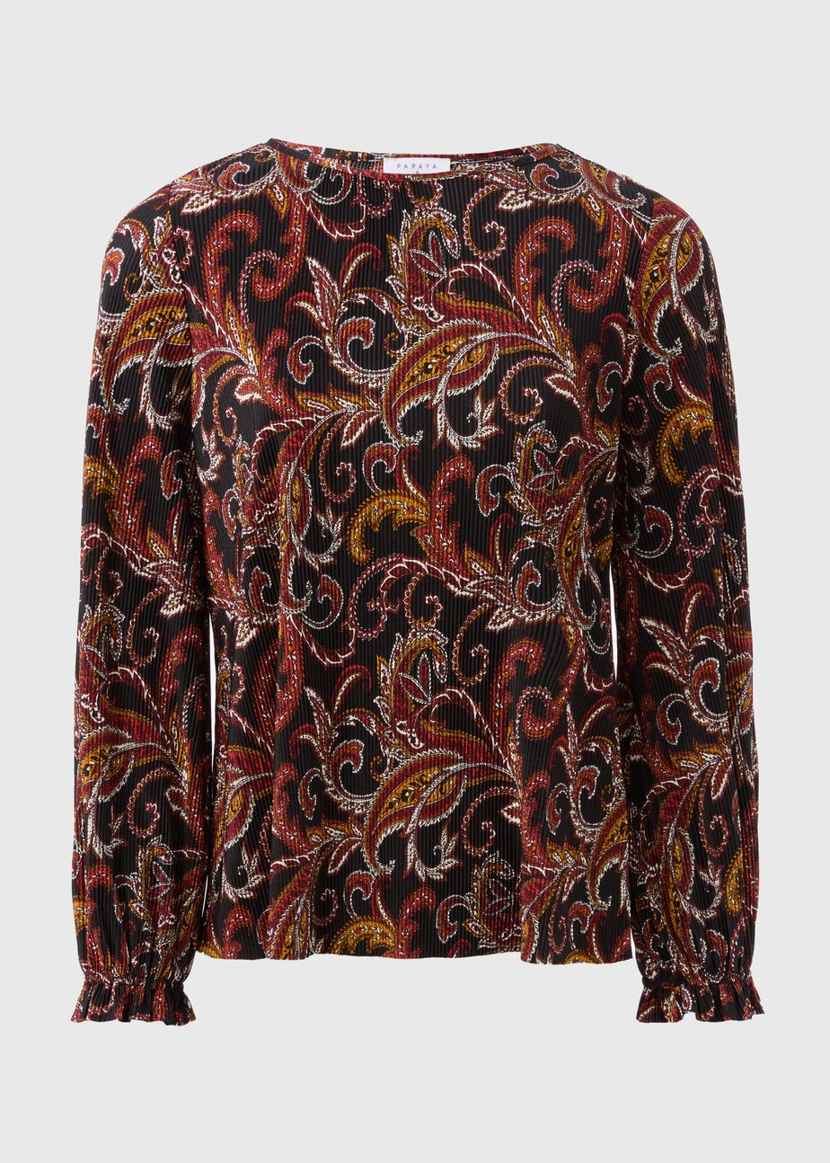 Black Paisley Plisse Top