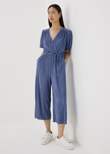 Petite Blue Plisse V-Neck Jumpsuit