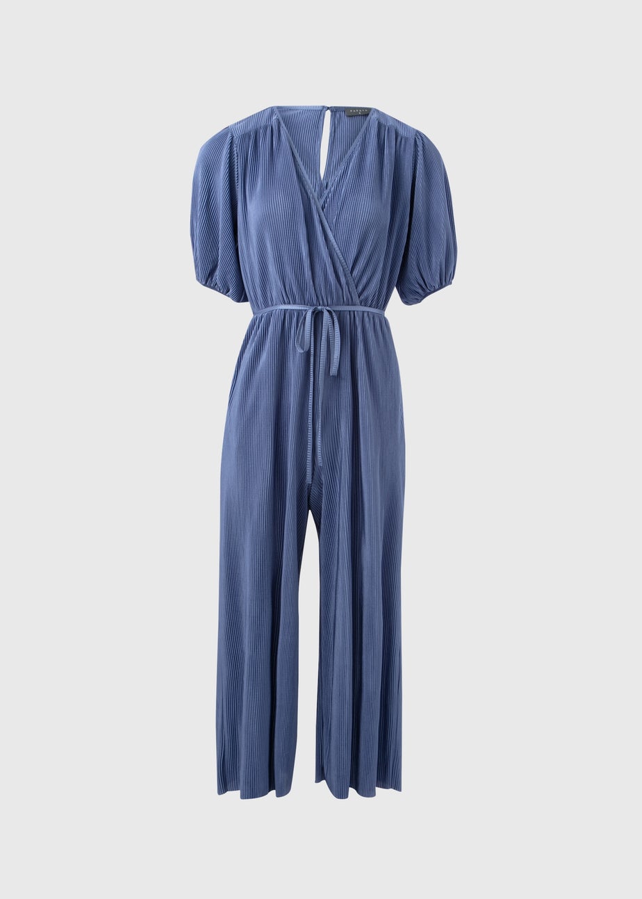Petite Blue Plisse V-Neck Jumpsuit