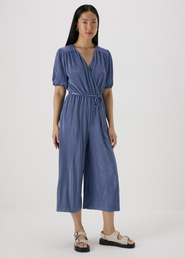 Petite Blue Plisse V-Neck Jumpsuit