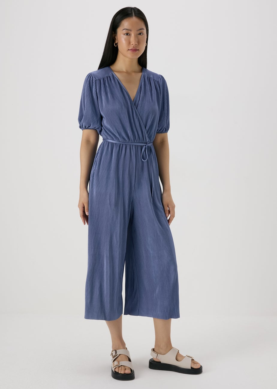 Petite Blue Plisse V-Neck Jumpsuit