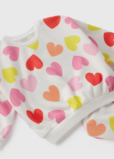 Girls Cream Hearts Print Sweatshirt & Shorts Set (1-7yrs)