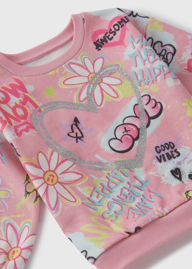 Girls Light Pink Graffiti Sweatshirt & Leggings Set (1-7yrs)