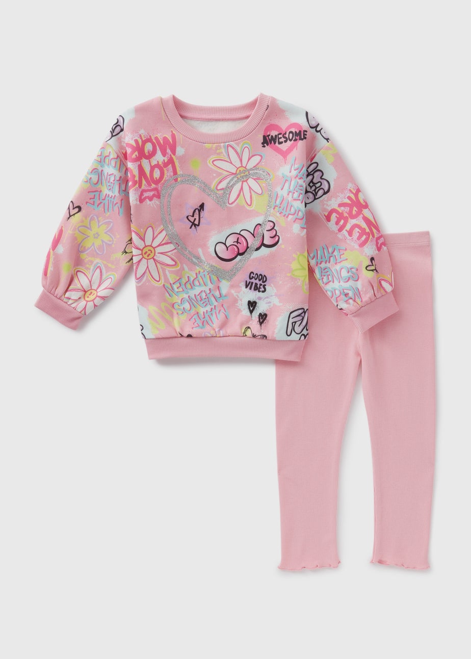 Girls Light Pink Graffiti Sweatshirt & Leggings Set (1-7yrs)