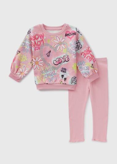 Girls Light Pink Graffiti Sweatshirt & Leggings Set (1-7yrs)