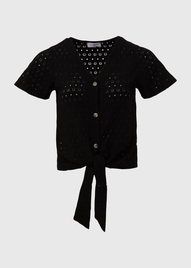 Black Tie Waist Jersey Broderie Top