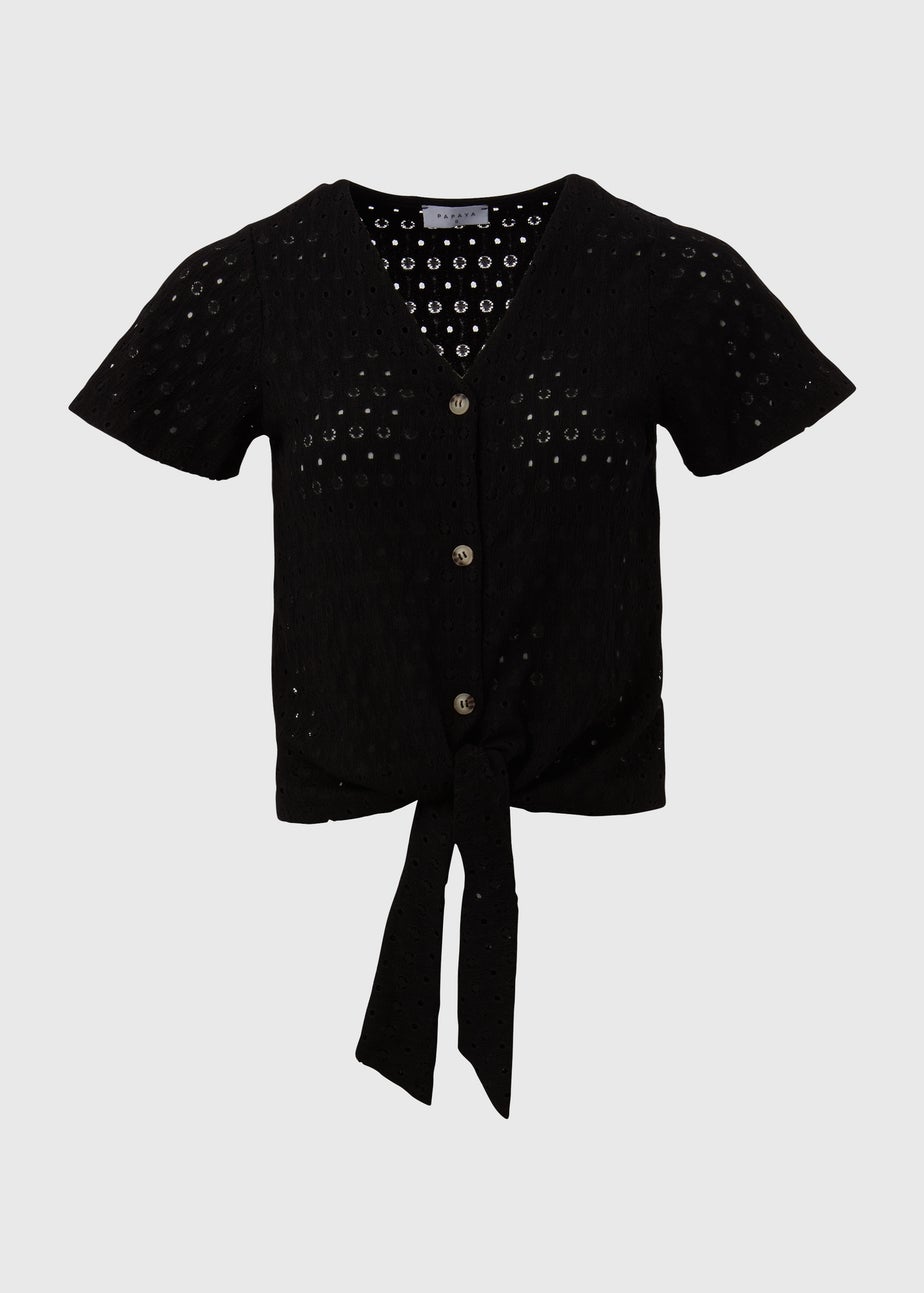 Black Tie Waist Jersey Broderie Top