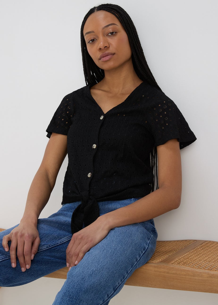 Black Tie Waist Jersey Broderie Top