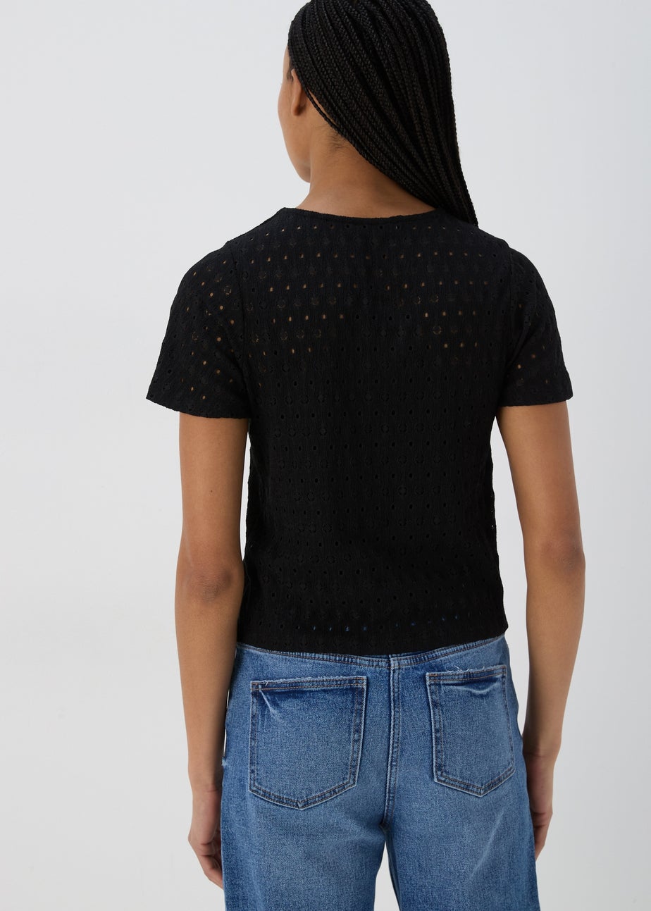 Black Tie Waist Jersey Broderie Top