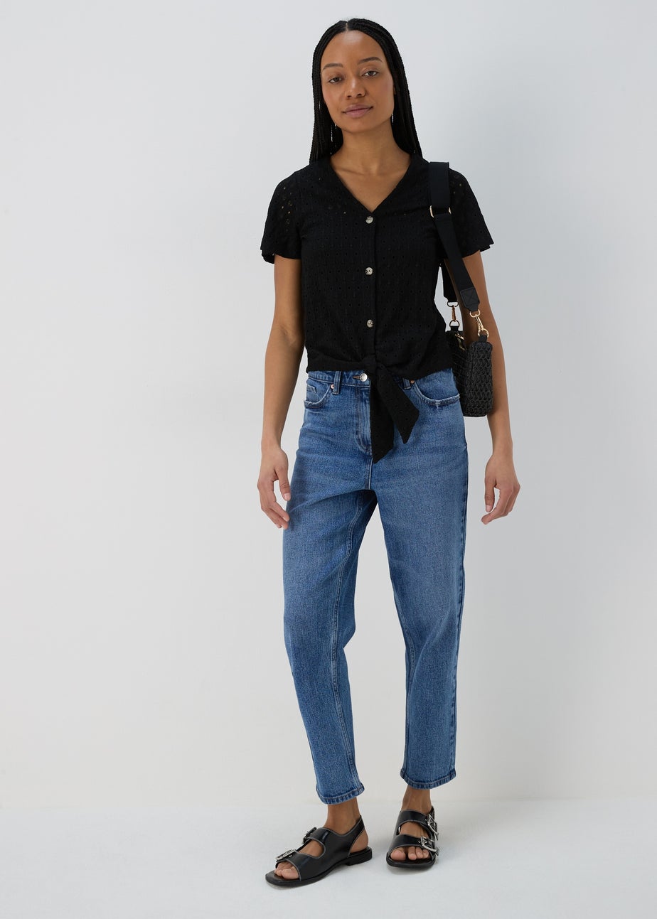 Black Tie Waist Jersey Broderie Top