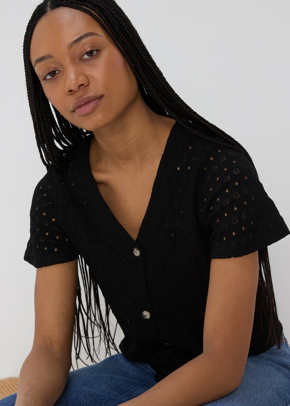 Black Tie Waist Jersey Broderie Top