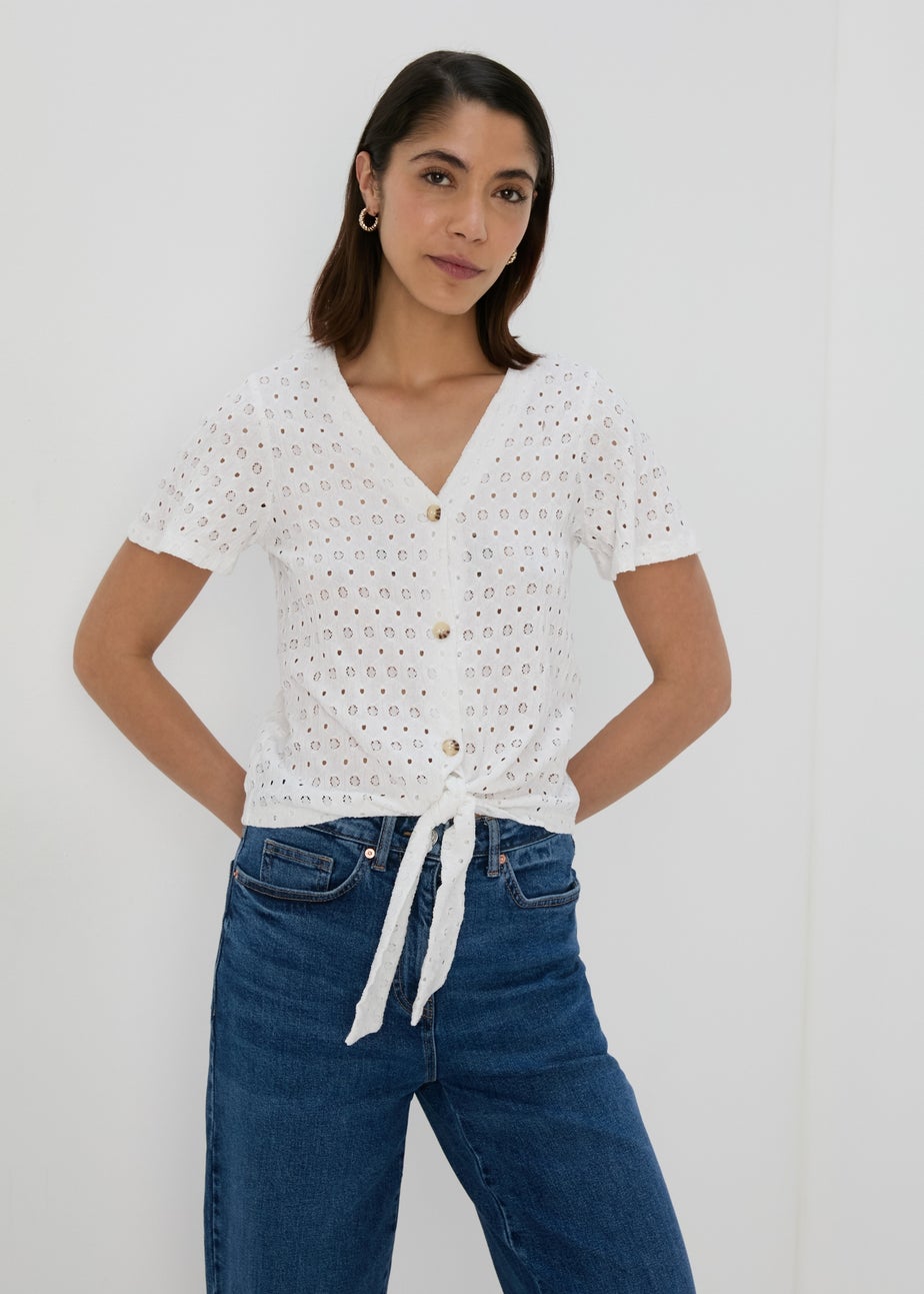 White Tie Waist Jersey Broderie Top
