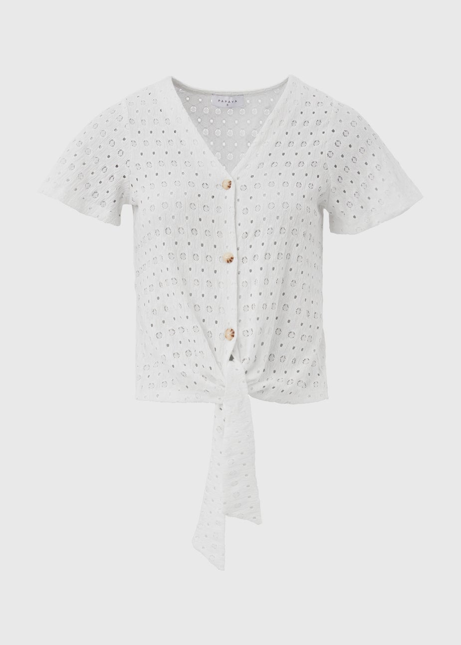 White Tie Waist Jersey Broderie Top