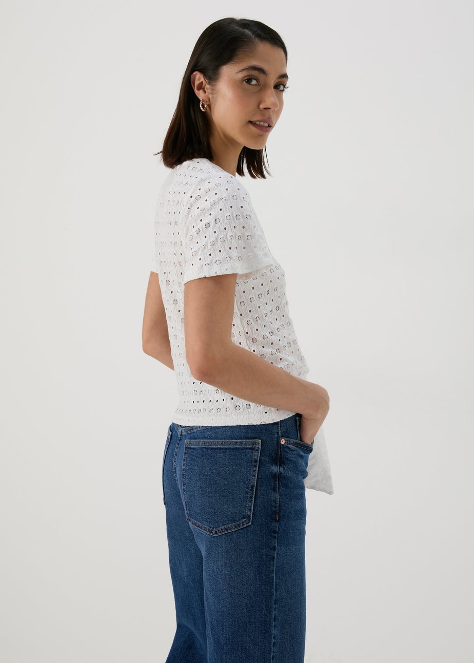 White Tie Waist Jersey Broderie Top