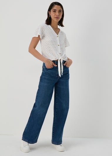 White Tie Waist Jersey Broderie Top